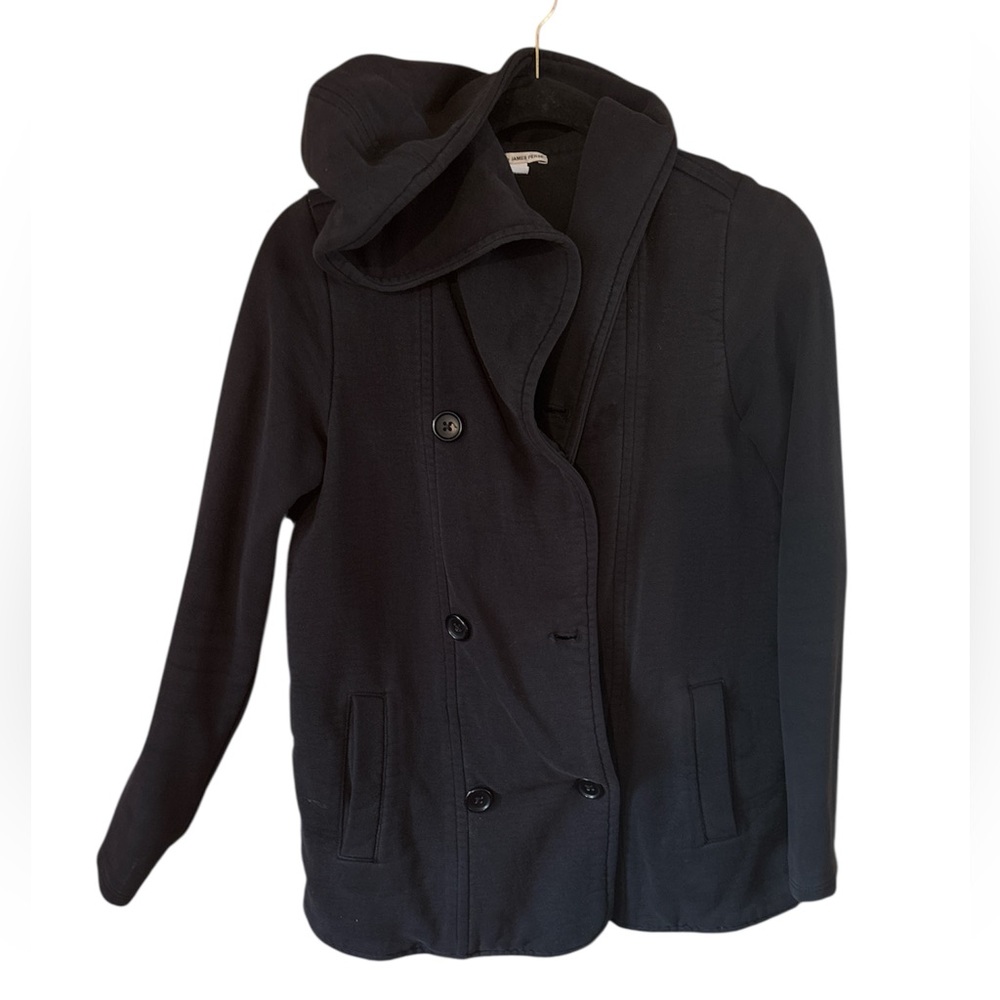 James Perse Black Double-Breasted Pea Coat thick cotton size 2 hood hoodie